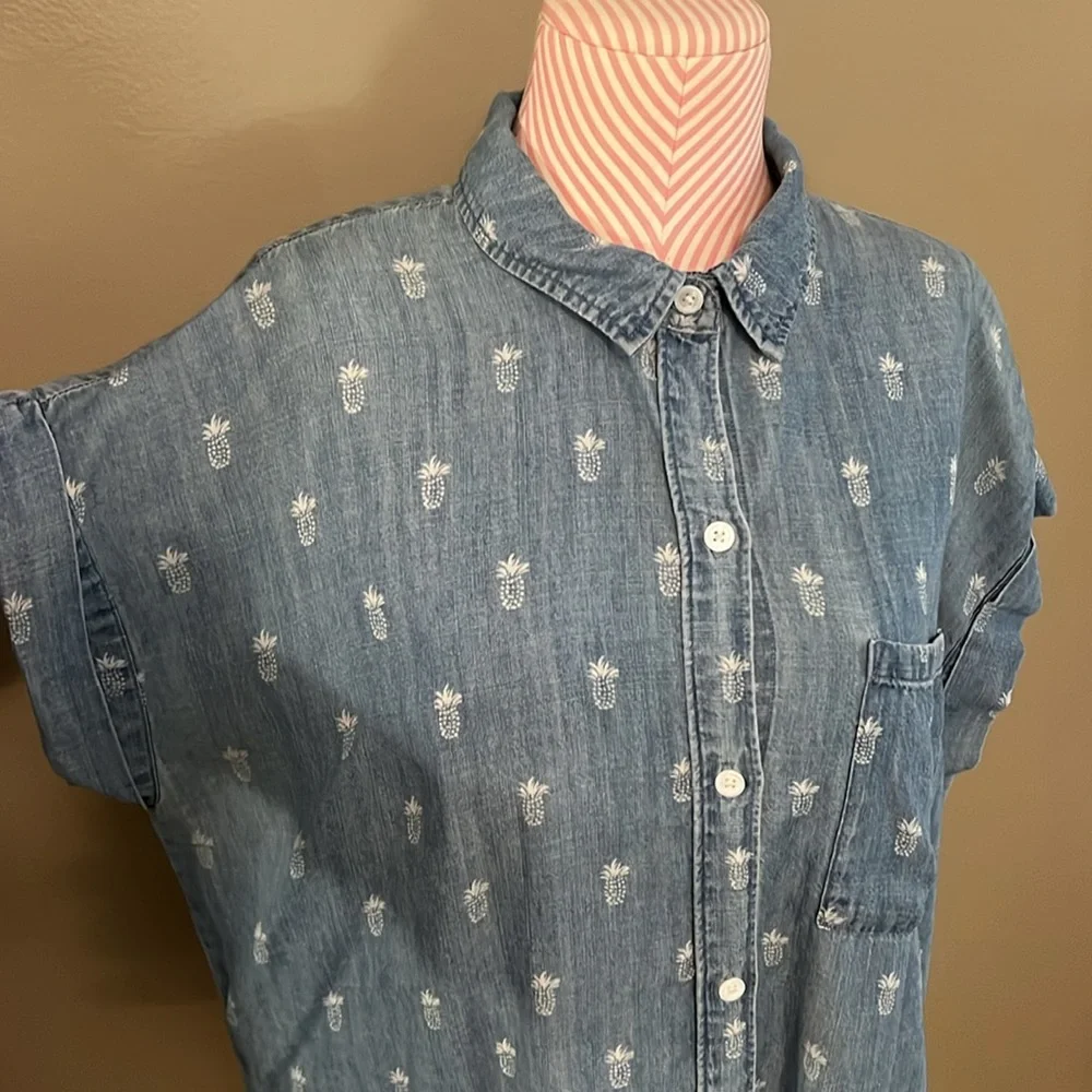 Rails Chambray blue pineapple short sleeve button up down lyocell linen - M - Picture 2 of 7